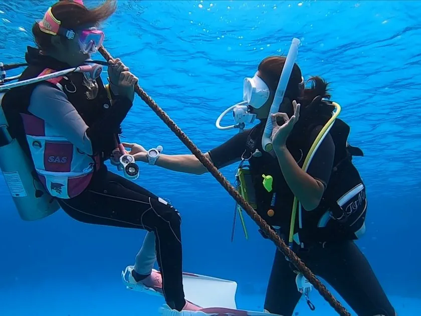 First-time divers on the guided descent line